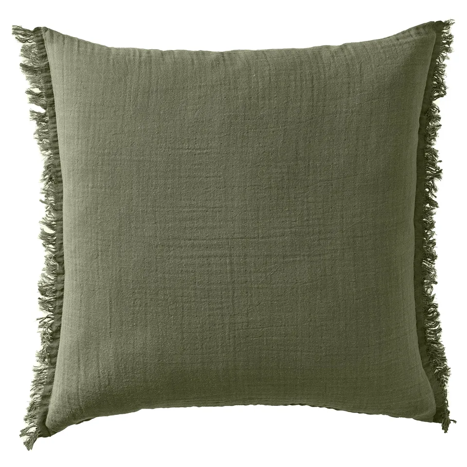 A green VALLKRASSING cushion with crinkled cotton, zip closure, fringe edges, square shape.
