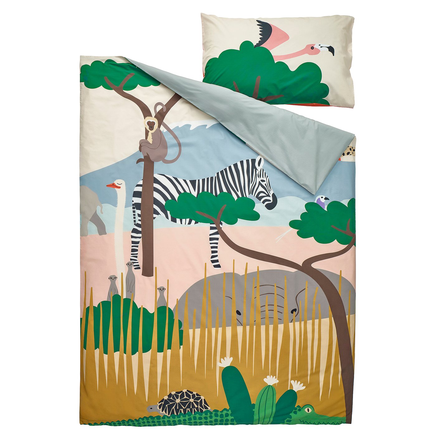 Safari-themed bedding set, sand-colored with zebras, monkeys, and flamingos. Includes duvet cover and pillowcase, made of soft cotton-viscose blend.