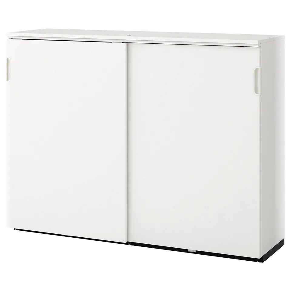 A GALANT white storage cabinet with sliding doors, modern minimalist design, and adjustable shelves.