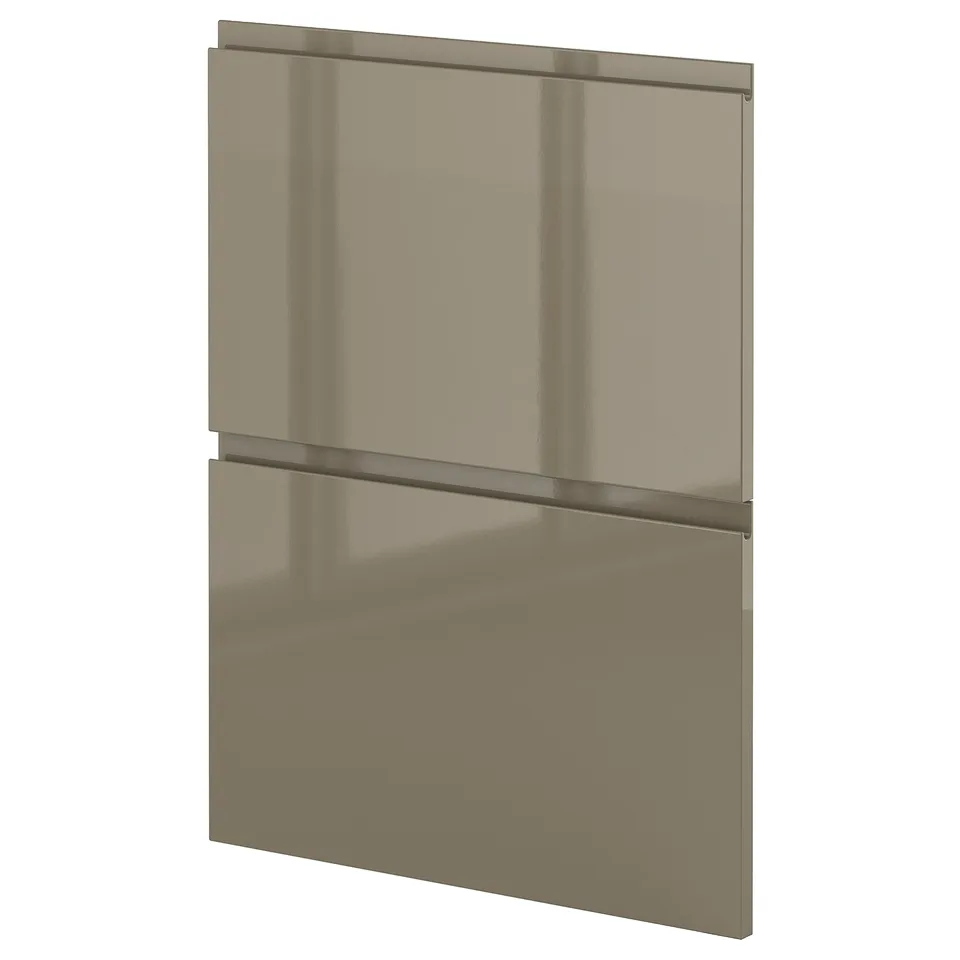 High gloss dark grey-brown METOD kitchen cabinet with sleek handles.