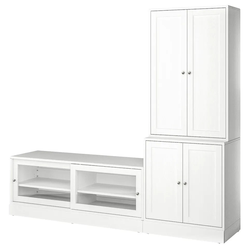 HAVSTA furniture set: tv unit, cabinet, white wood with glass doors, modern, stylish, pine wood.