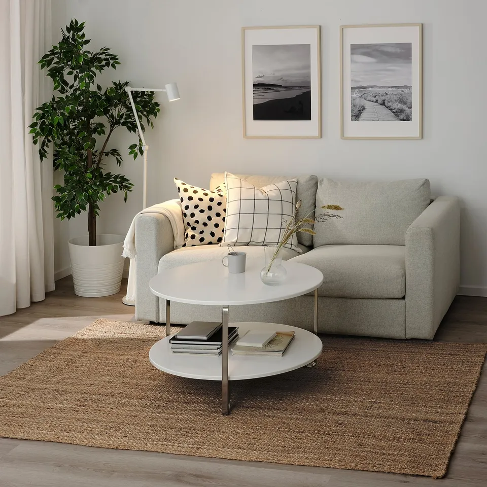 Modern living room with grey sofa, patterned pillows, white coffee table, and jute rug. Black & white prints, floor lamp, and large plant.