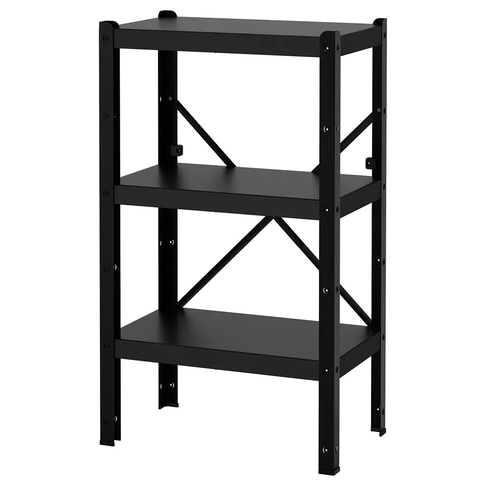 Black metal storage rack, sturdy and flexible, three-tiered design.