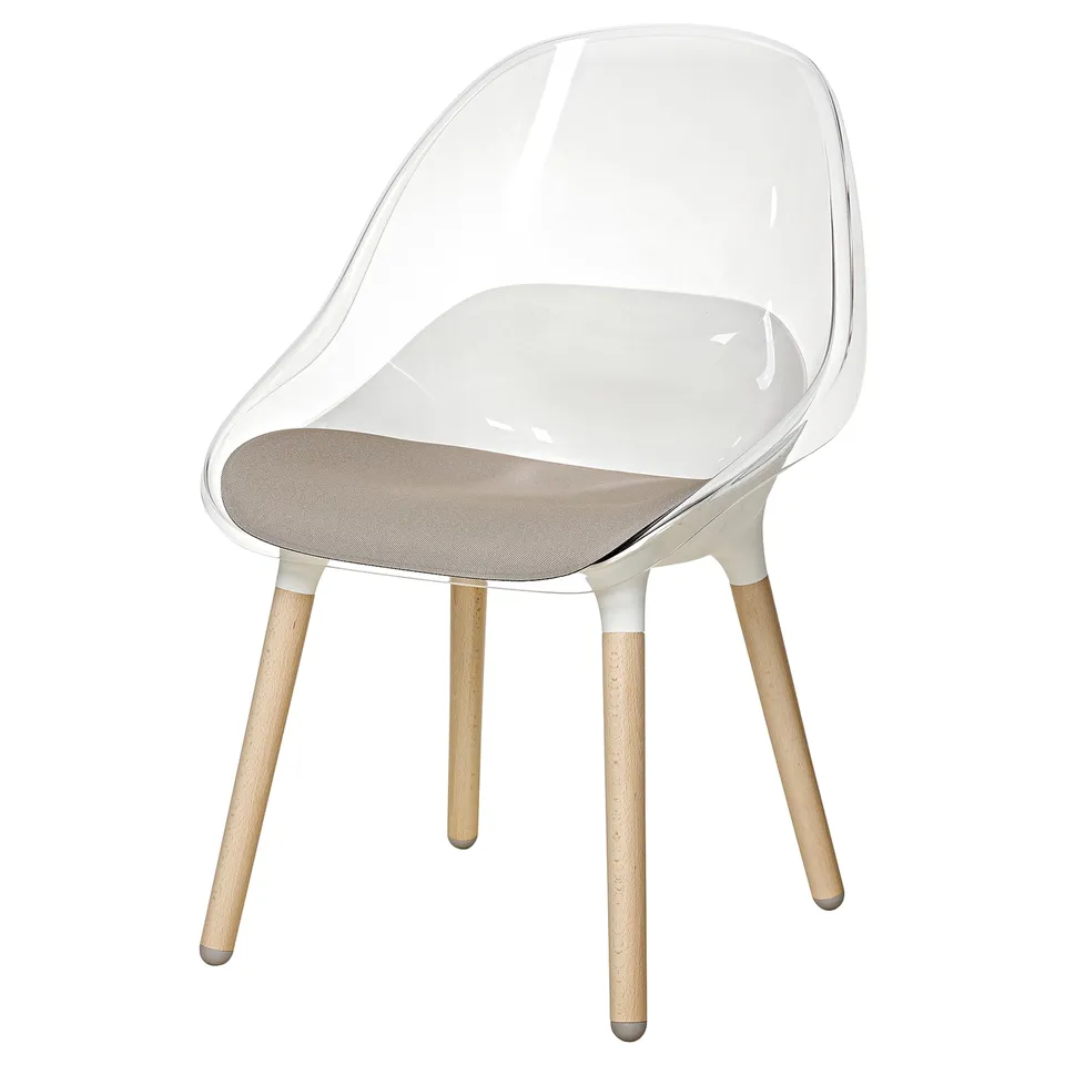 Modern dining chair with clear shell, light wood legs, textured cushion. Sleek, minimalist design for contemporary spaces.
