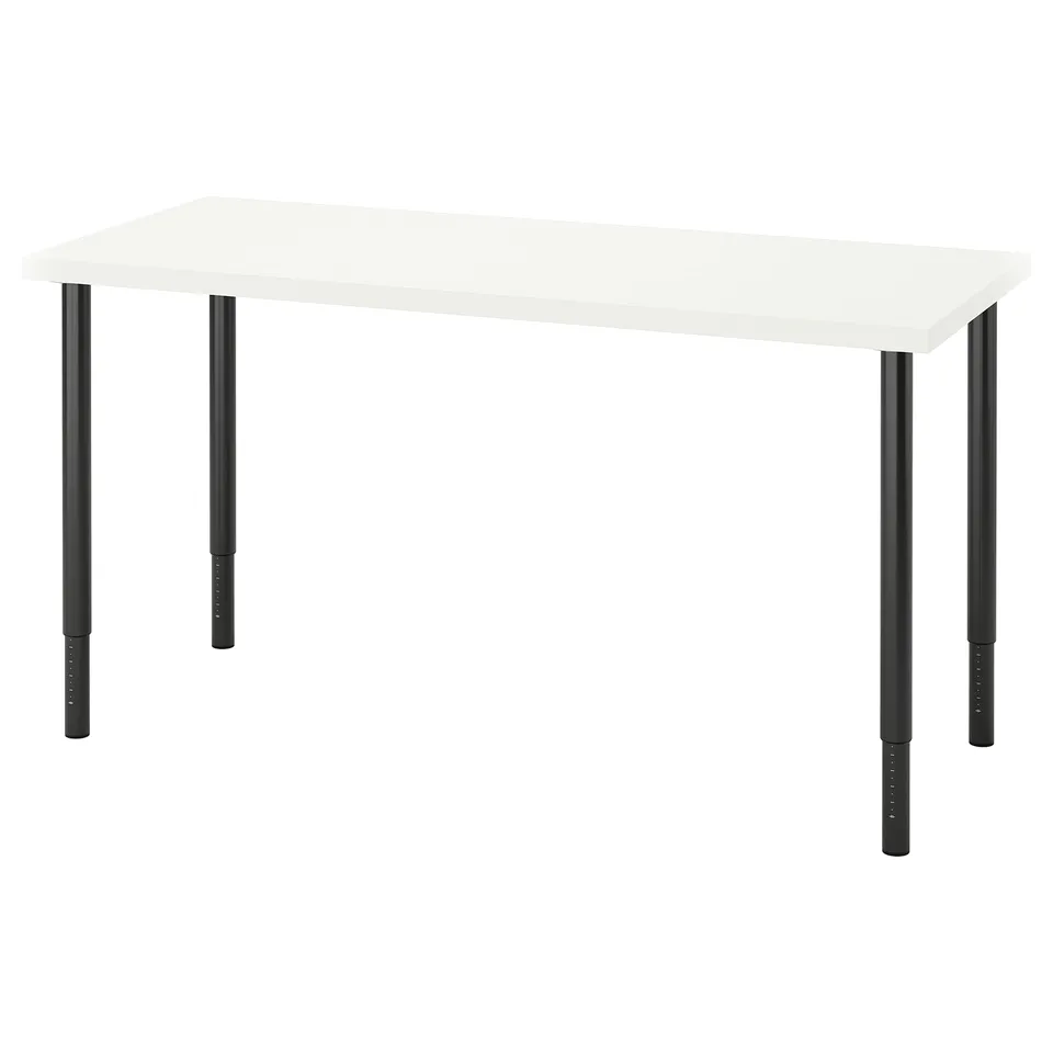 LAGKAPTEN: modern white desk with black, adjustable legs. Sleek design, eco-friendly materials, pre-drilled for easy assembly.