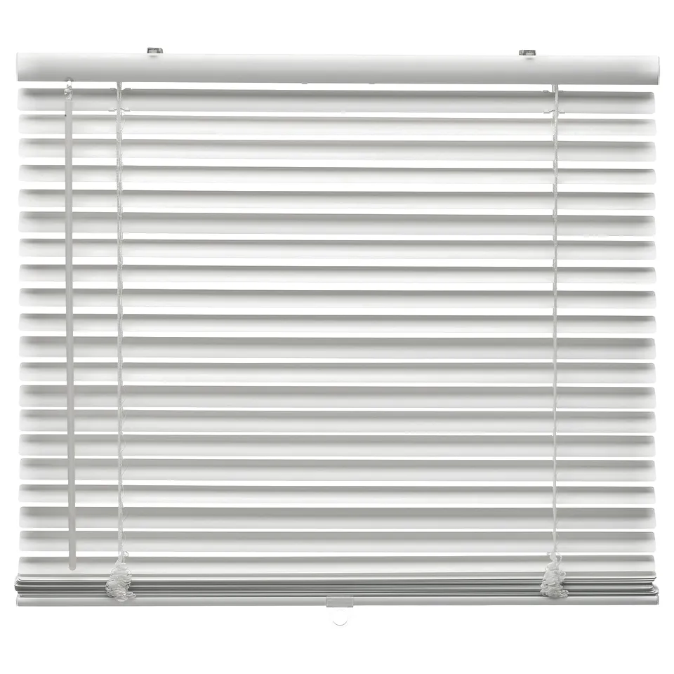 White venetian blinds, aluminium slats, adjustable light, safe cordless design.