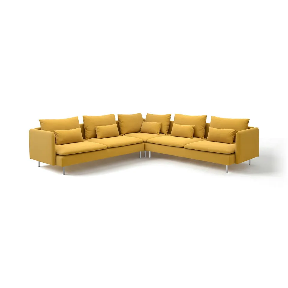 Bright yellow u-shaped SÖDERHAMN sofa with soft cushions and high legs.