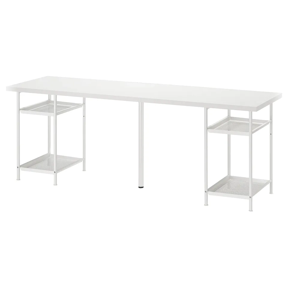 LAGKAPTEN: white desk with shelves for storage, metal frame, rectangular shape.