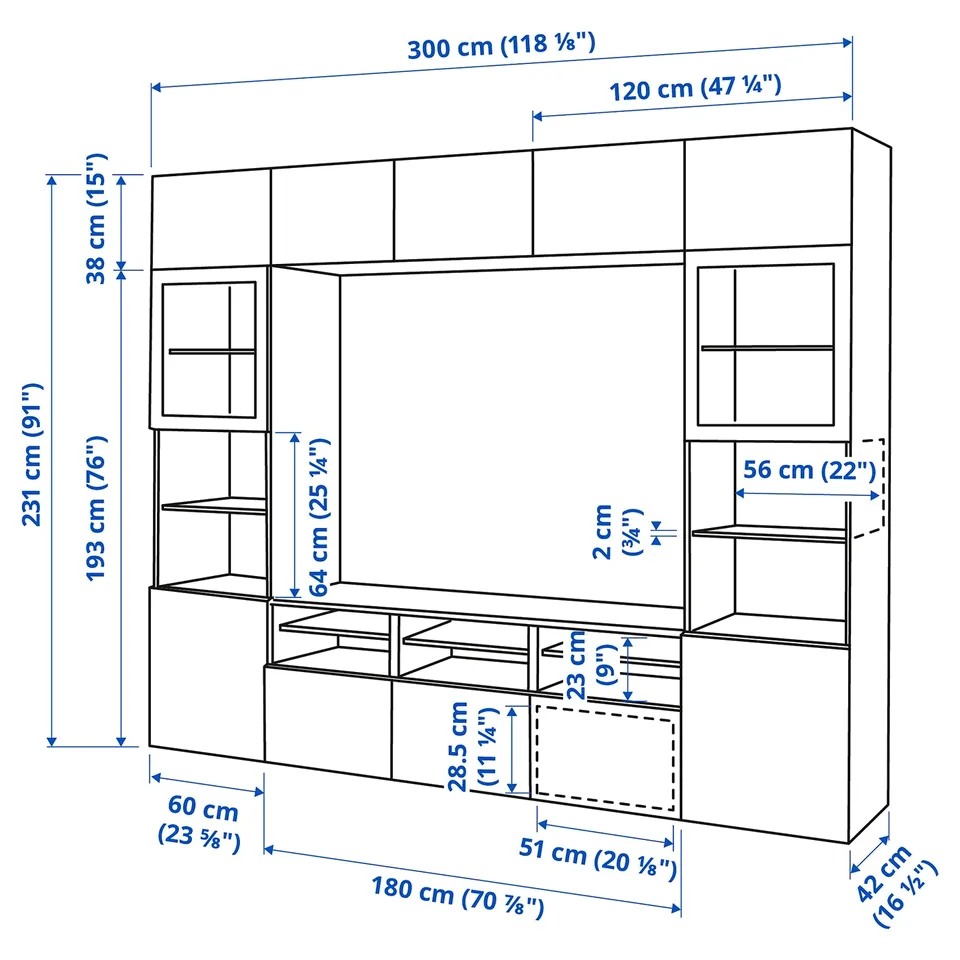 BESTÅ TV storage combination/glass doors, white/Pipmakare white, 300x42x231 cm
