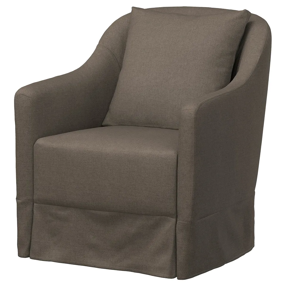 NORDKROKEN grey swivel chair, featuring a curved back and armrests, upholstered in recycled fabric blend.