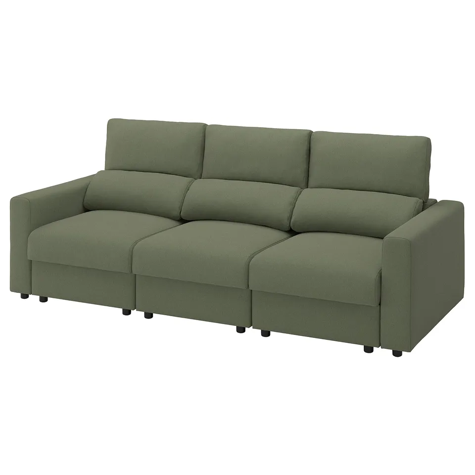 An olive green malmkoping sofa with a modern design, featuring adjustable headrests and chaise longue-style seat extensions.