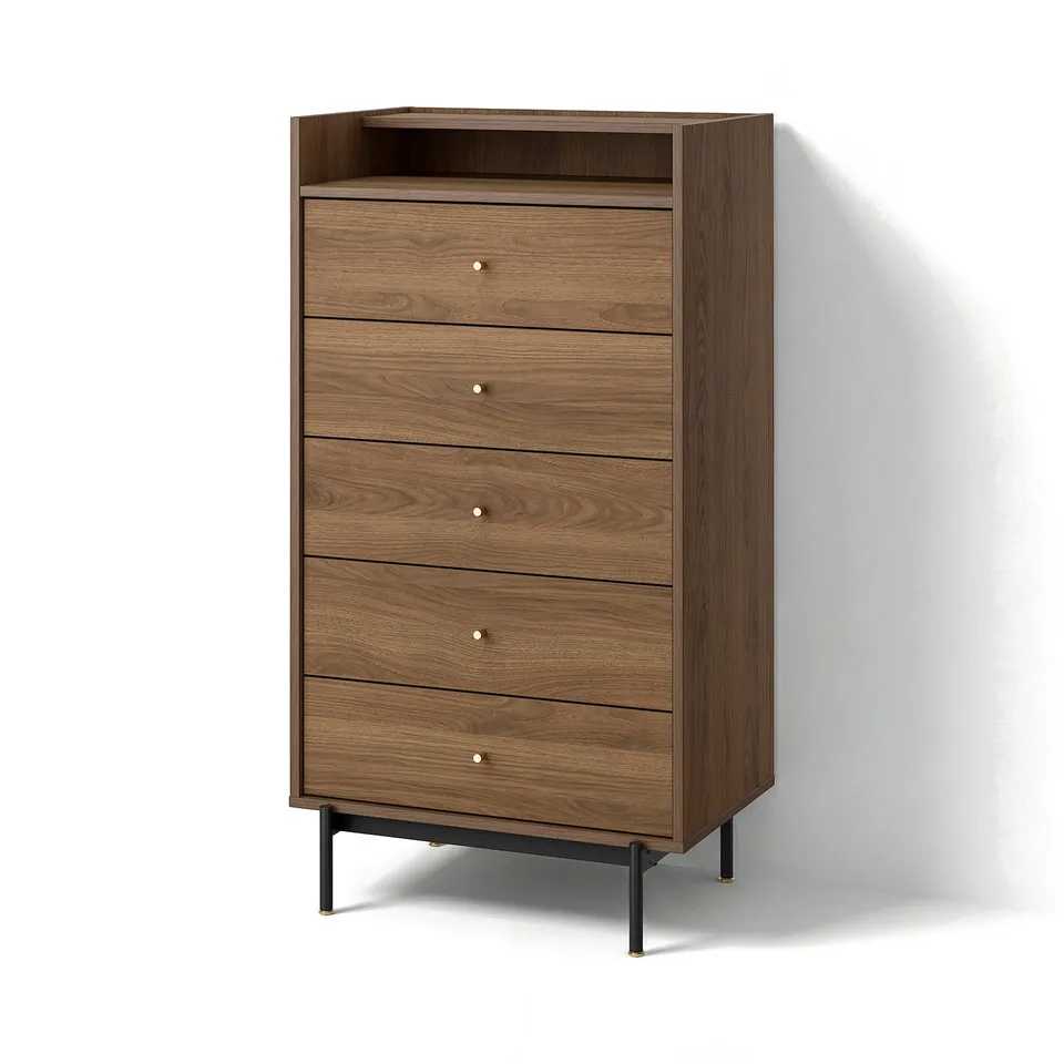 Mid-century dresser with 5 drawers, shelf, walnut wood, brass knobs, black legs.