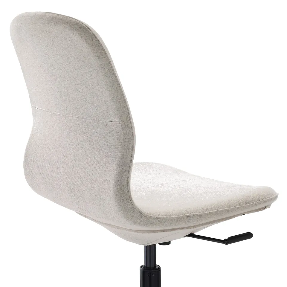 Displays an adjustable office chair with lumbar support and a black height mechanism.