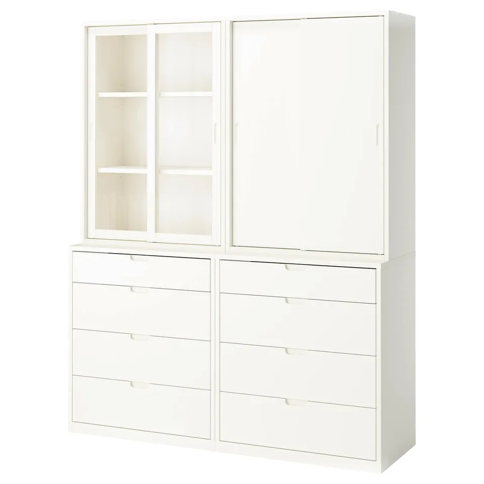 Off-white TONSTAD: sliding doors & drawers for versatile storage. Elegant, clean-lined design. Open & hidden options.