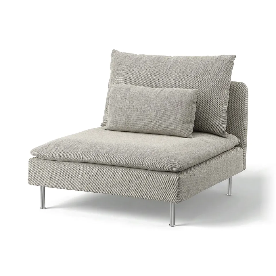 SÖDERHAMN light grey chair, modern & comfy, low & deep seat, textured fabric, sleek metal legs.