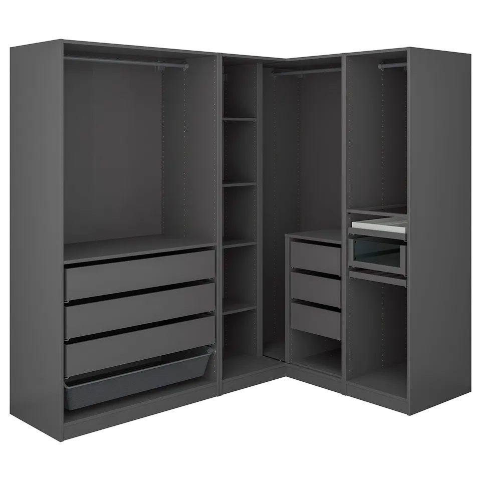 Modern dark grey corner closet with drawers, shelves, and hanging rods.