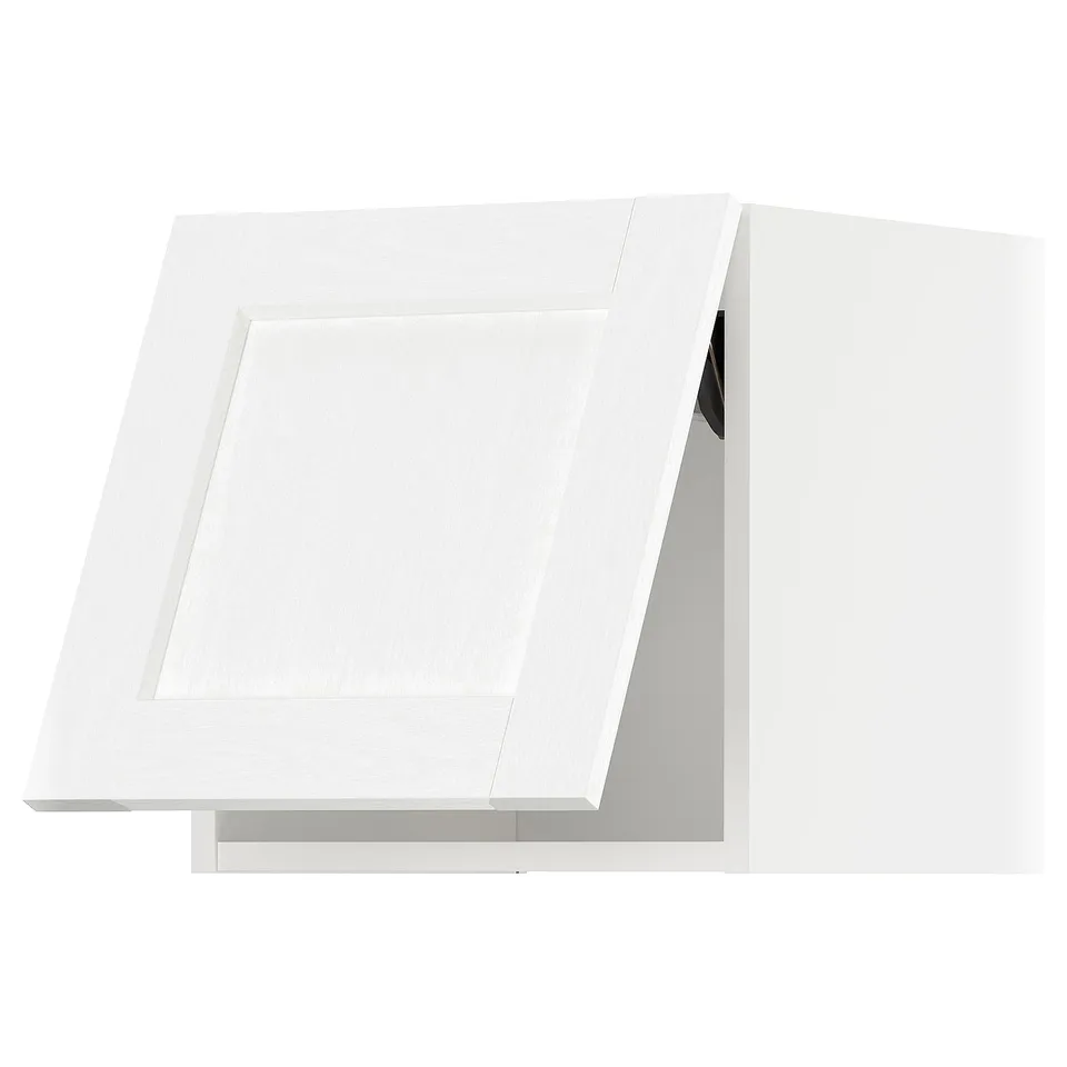 White METOD kitchen cabinet, modern square design, partial open-door view.