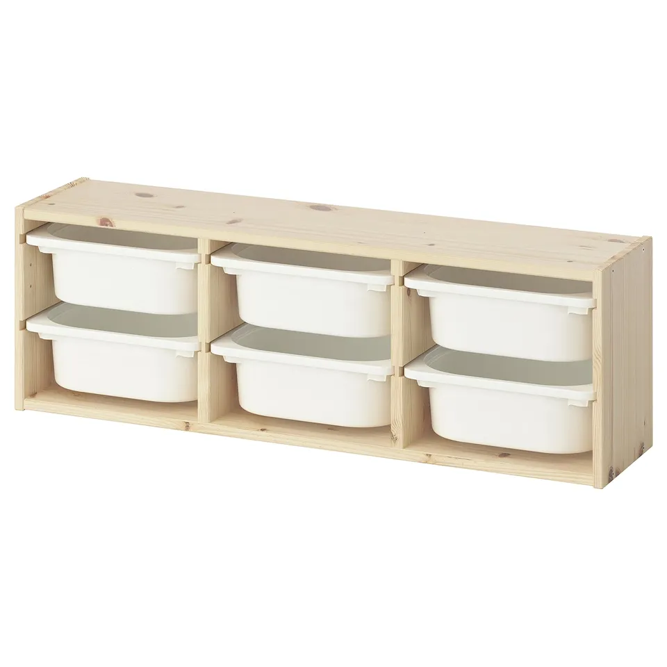 Ikea TROFAST light wood storage unit with six white plastic bins, rectangular shape, simple design.