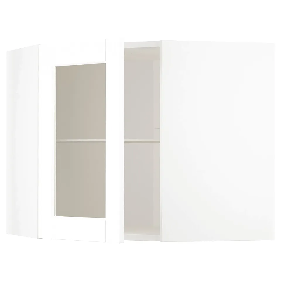 White corner kitchen cabinet with glass doors and adjustable shelf.