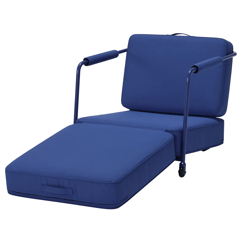 BRÄNNBOLL blue chair, folds into lounge. Dark blue fabric, steel frame, clean-lined design.