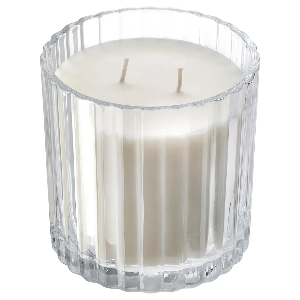 TOFSTÄRNA Scented candle in glass, 2 wicks, Fresh linen clear glass, 50 hr