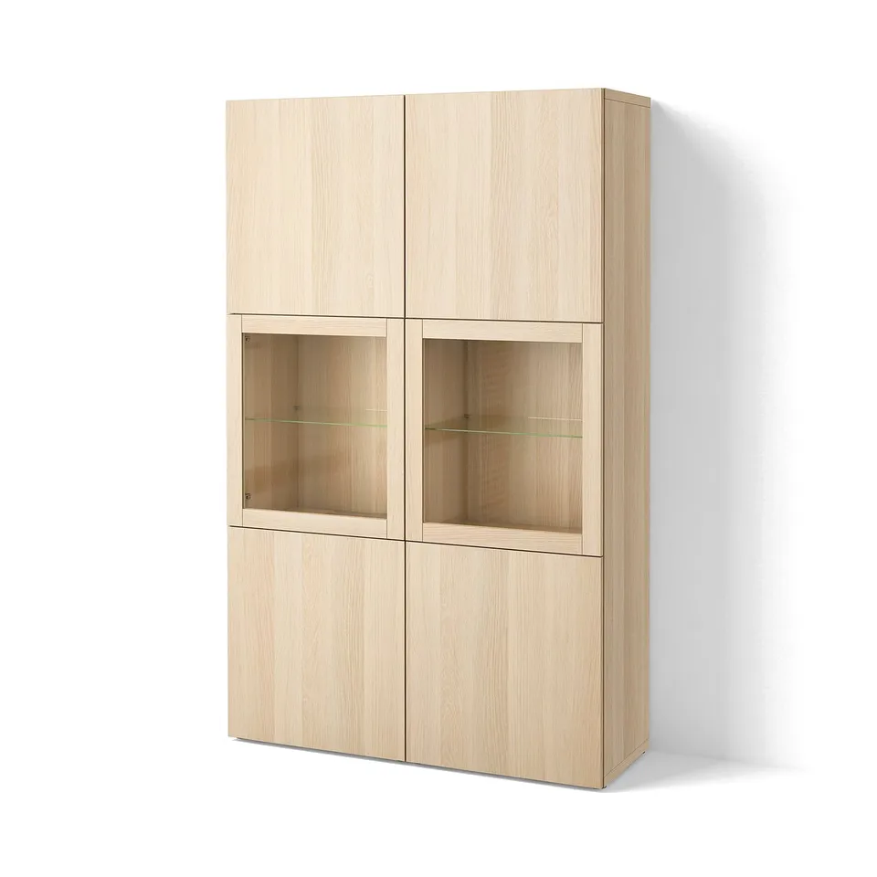 BESTÅ Storage combination w glass doors, white stained oak effect Lappviken/Sindvik white stained oak eff clear glass, 120x42x193 cm