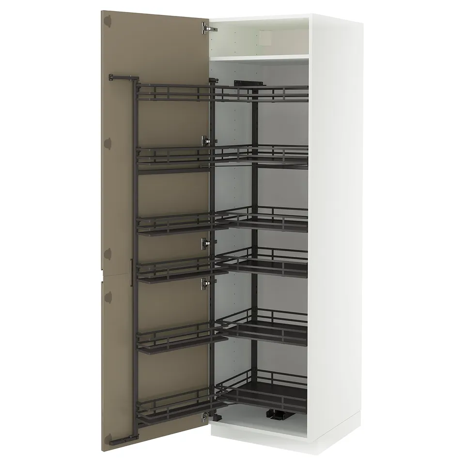 White METOD cabinet with dark shelves and handles.
