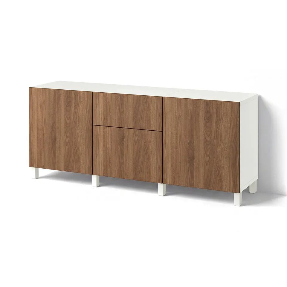 BESTÅ Storage combination with drawers, white Lappviken/Stubbarp/brown walnut effect, 180x42x74 cm