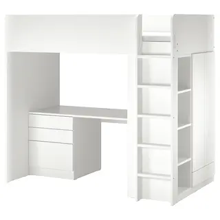 SMÅSTAD loft bed, white white/with desk with 2 shelves, 90x200 cm