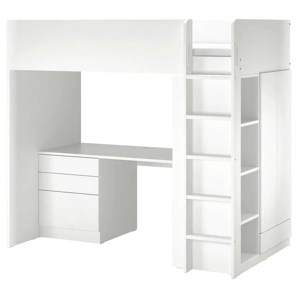 A white SMÅSTAD loft bed with desk, wardrobe, and shelves, designed for compact spaces.