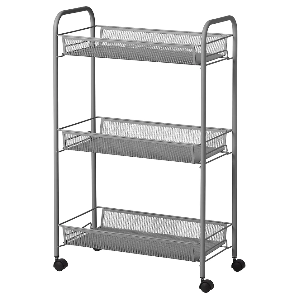 HORNAVAN grey metal 3-tier trolley with mesh baskets, castors, and handles.
