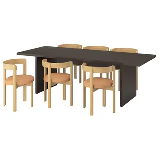 BERGSHYTTAN / STOCKHOLM 2025 table and 6 chairs, dark brown ash veneer/leather dark brown, 240x93 cm