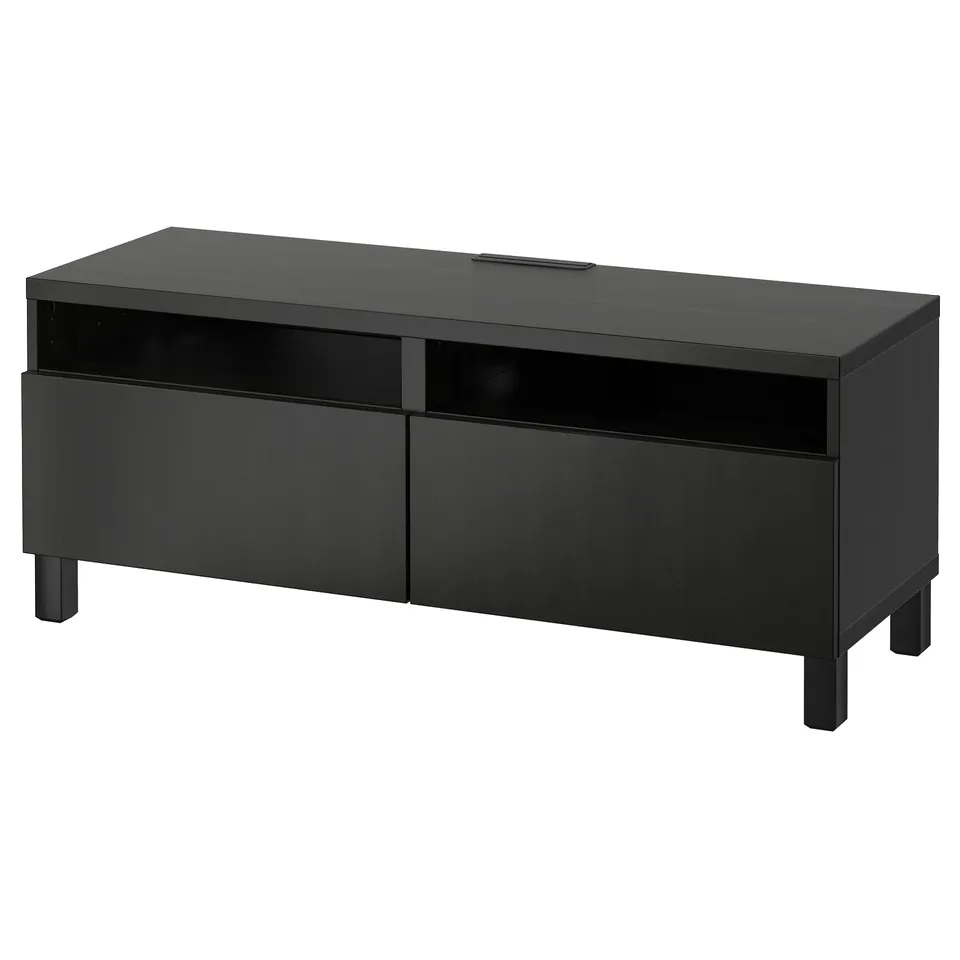 Black BESTÅ tv unit, rectangular, sleek design with two drawers, open storage, and cable management.