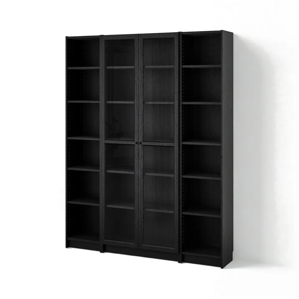 Black BILLY bookcase. Four sections with glass doors and open shelves. Modern, minimalist design.