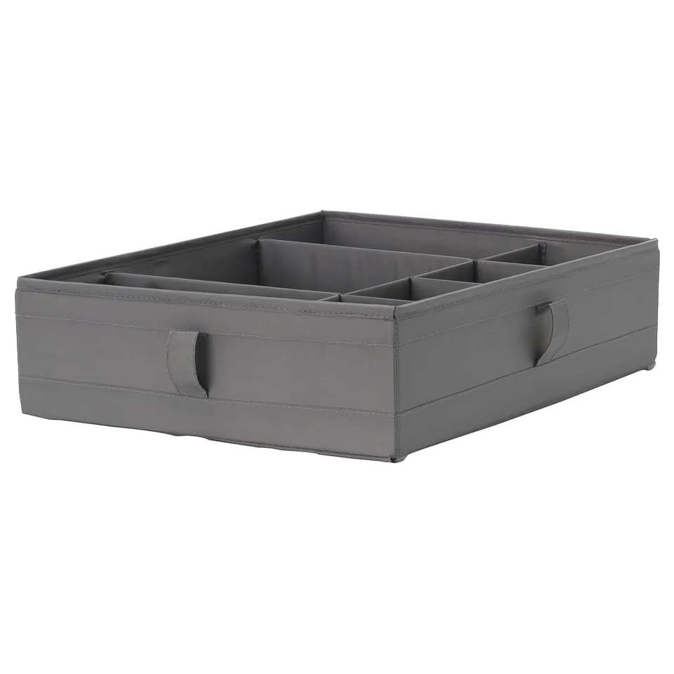 Grey SKUBB organiser box with six compartments for drawer storage.