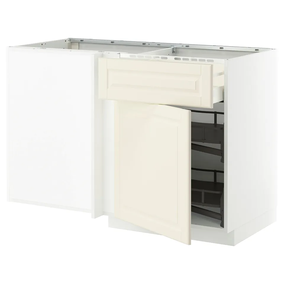 METOD kitchen unit with off-white bevel bodbyn doors, rectangular, white framed with pull-out shelf.