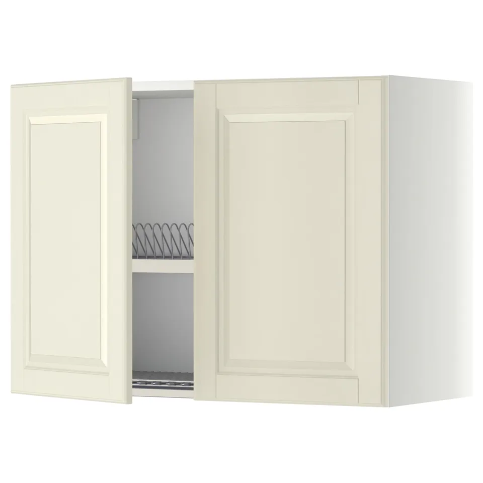Off-white kitchen wall cabinet, traditional style, with bevelled edges and adjustable shelves.