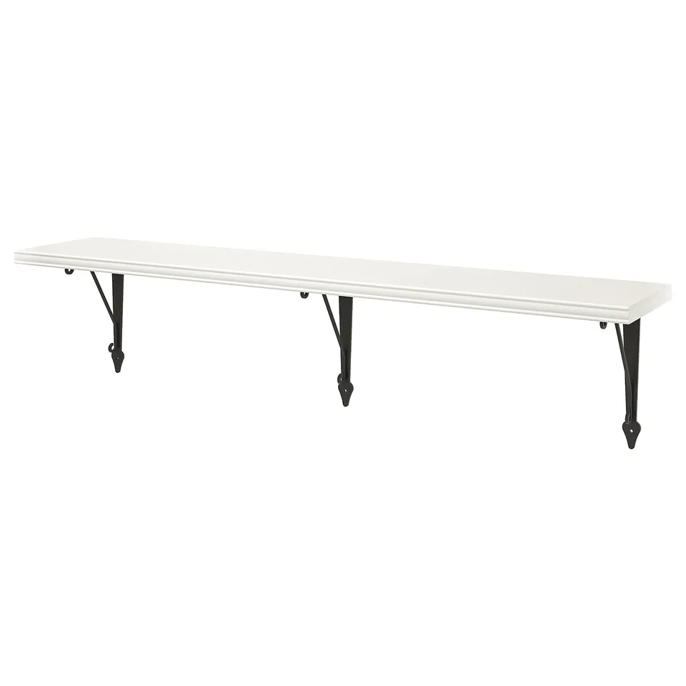 White wall-mounted shelf, supported by black metal brackets, display style.