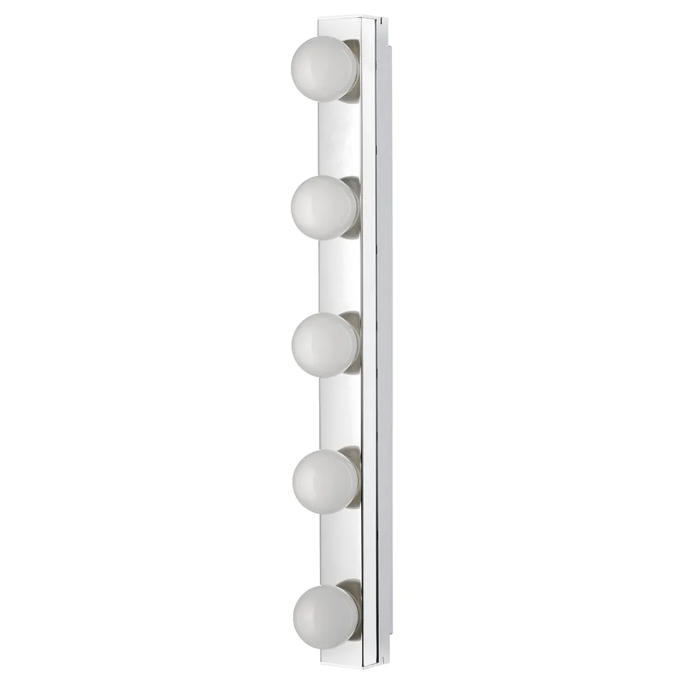 Ledjsö chrome lamp, vertical design with spherical white lights, ideal for mirrors.
