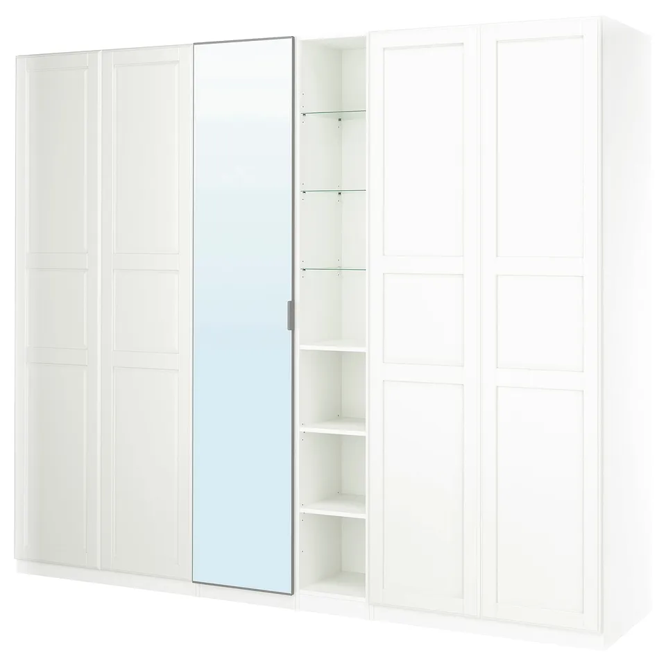 PAX / KAMMARTORP/TYSSEDAL Wardrobe combination, white mirror glass/grey white, 285x60x236 cm