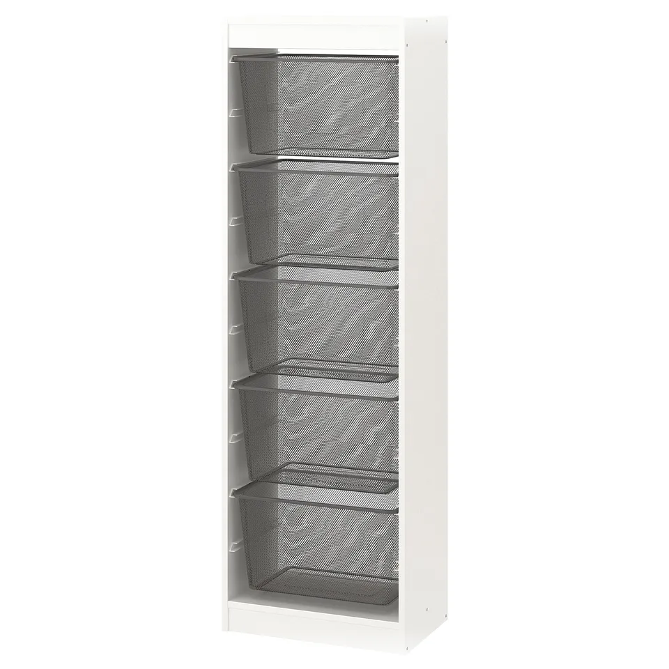 White TROFAST storage unit with four mesh baskets.