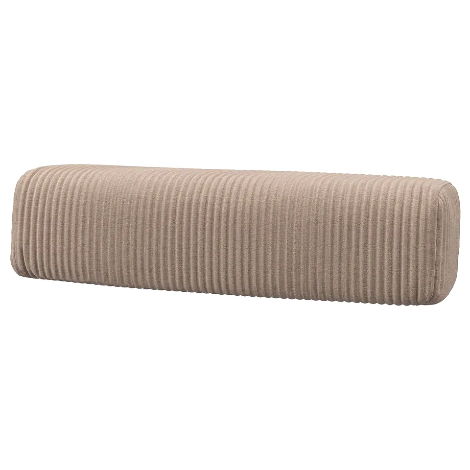 A beige, ribbed JÄTTEBO headrest cushion. Its soft, cylindrical shape and recycled fabric material make it versatile for comfort.
