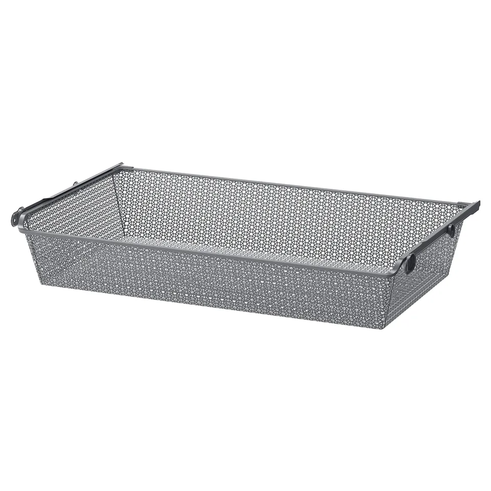 KOMPLEMENT metal basket for storage, grey, rectangular, perforated design with handles.