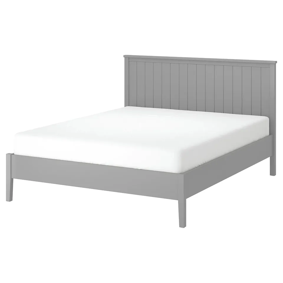 Grey gullaberj bed, sleek wood design, white mattress, slatted headboard.