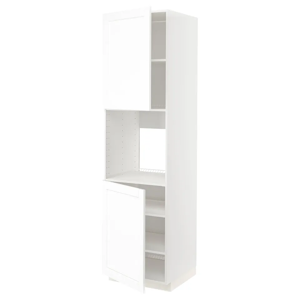 METOD white kitchen cabinet. Tall, rectangular design with adjustable shelves and doors. Simple, modern aesthetic, made of particleboard and melamine.