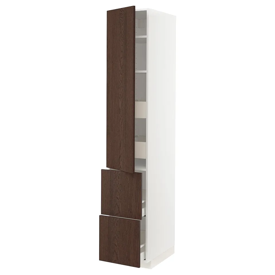 A white METOD kitchen cabinet with dark brown sinarp wooden doors. Its tall and slim, featuring multiple shelves and drawers for storage.