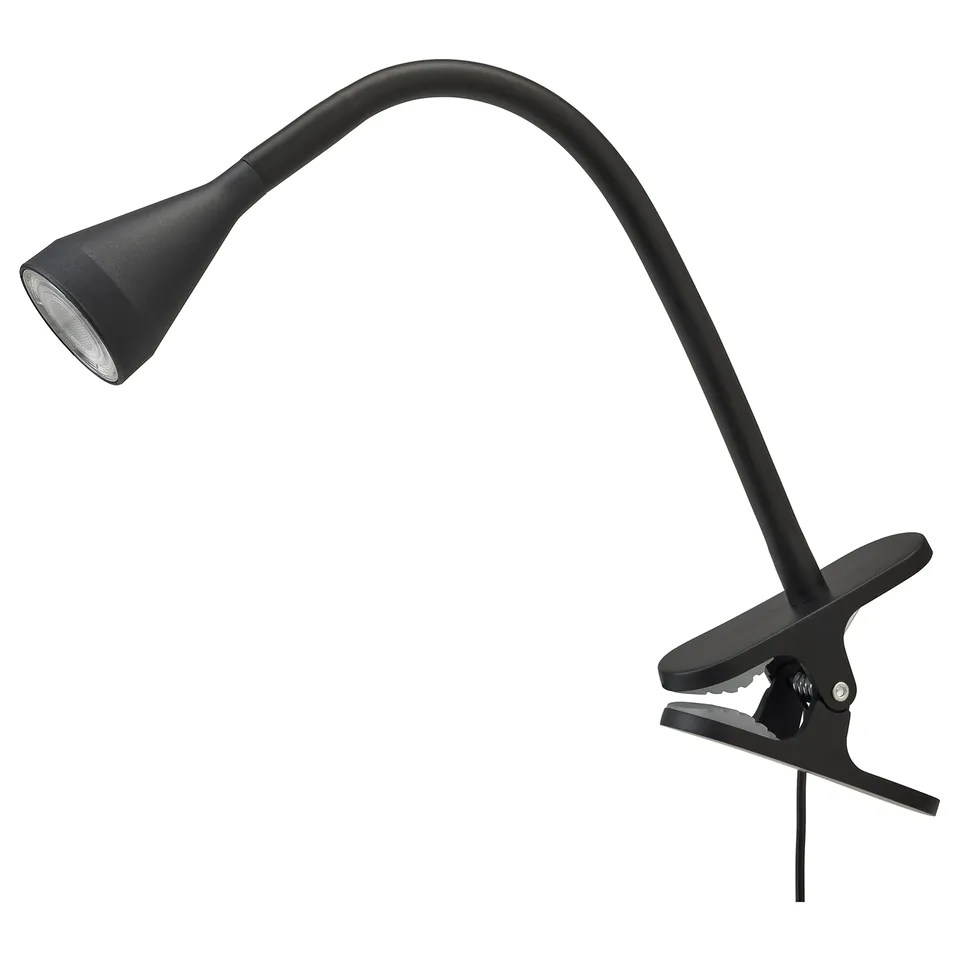 Black, adjustable clamp lamp, NÄVLINGE, curved neck, led light.