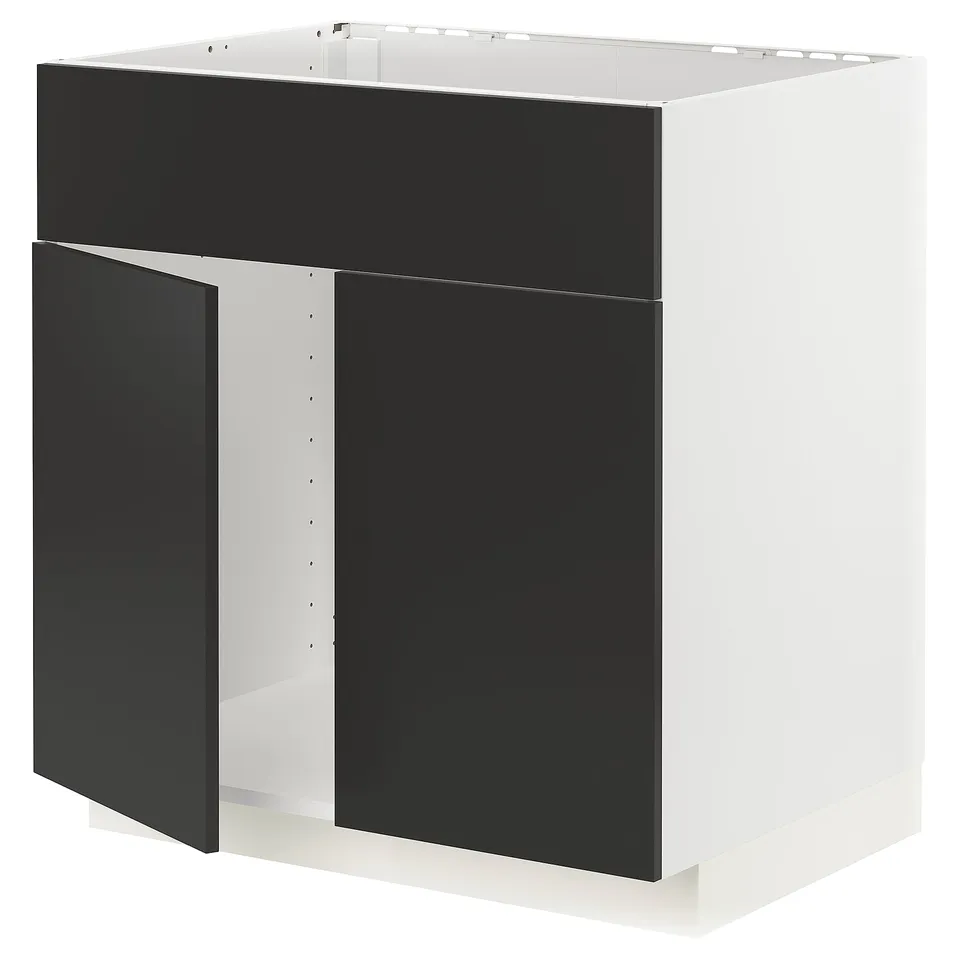 Modern black and white kitchen cabinet with sleek design and strong frame.