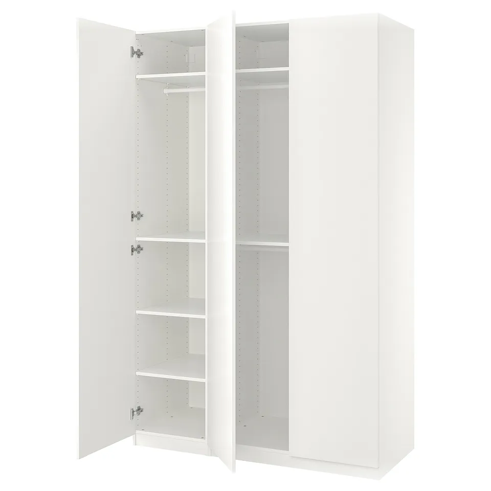 An open white ikea PAX wardrobe, a minimalist storage solution with adjustable shelves, and hanging sections.