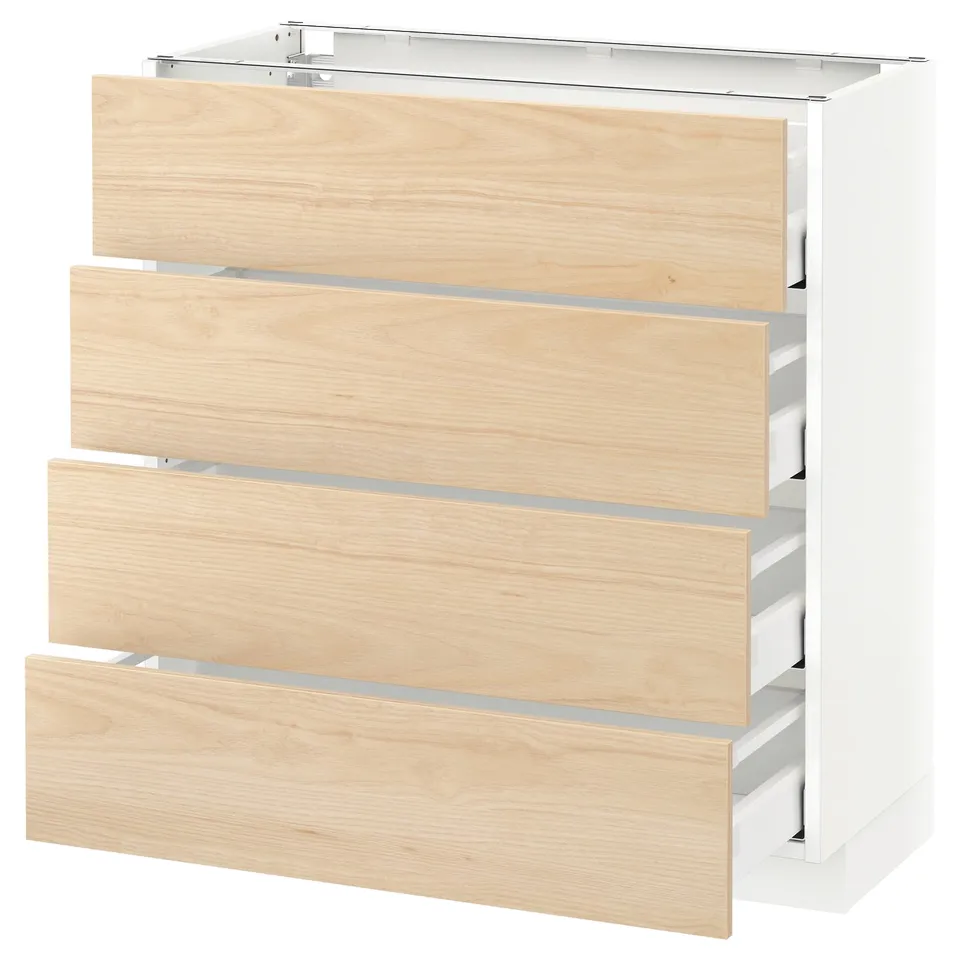 Modern kitchen cabinet with light ash drawers and white frame.